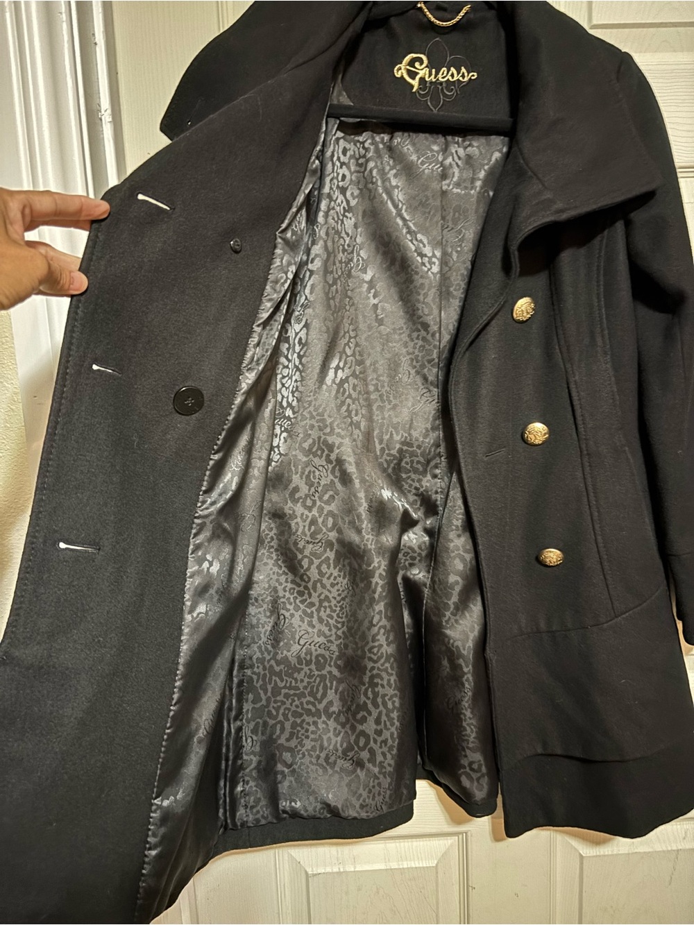 GUESS Black Double-Breasted Wool Pea Coat with Gold Buttons